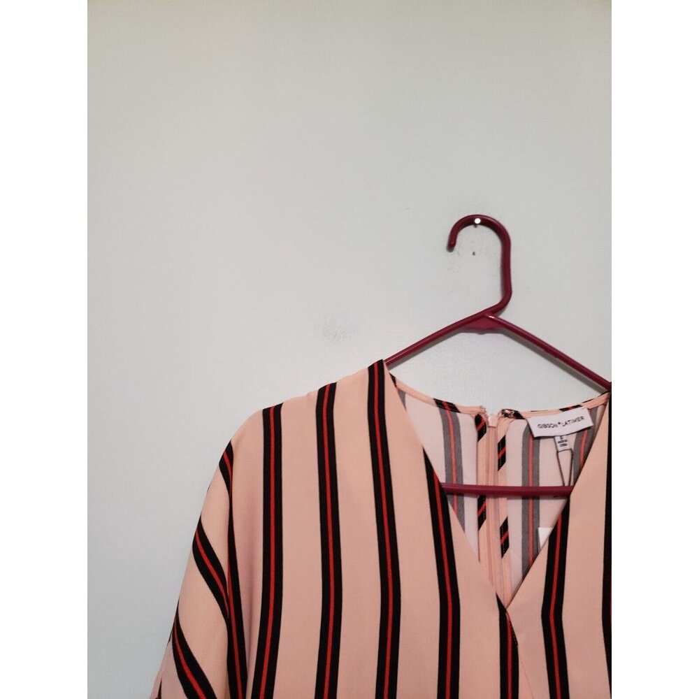 Gibson Latimer Womens 6 Midi Dress V Neck Pink Stripes Ruffle Short Sleeve NWT - Picture 4 of 5